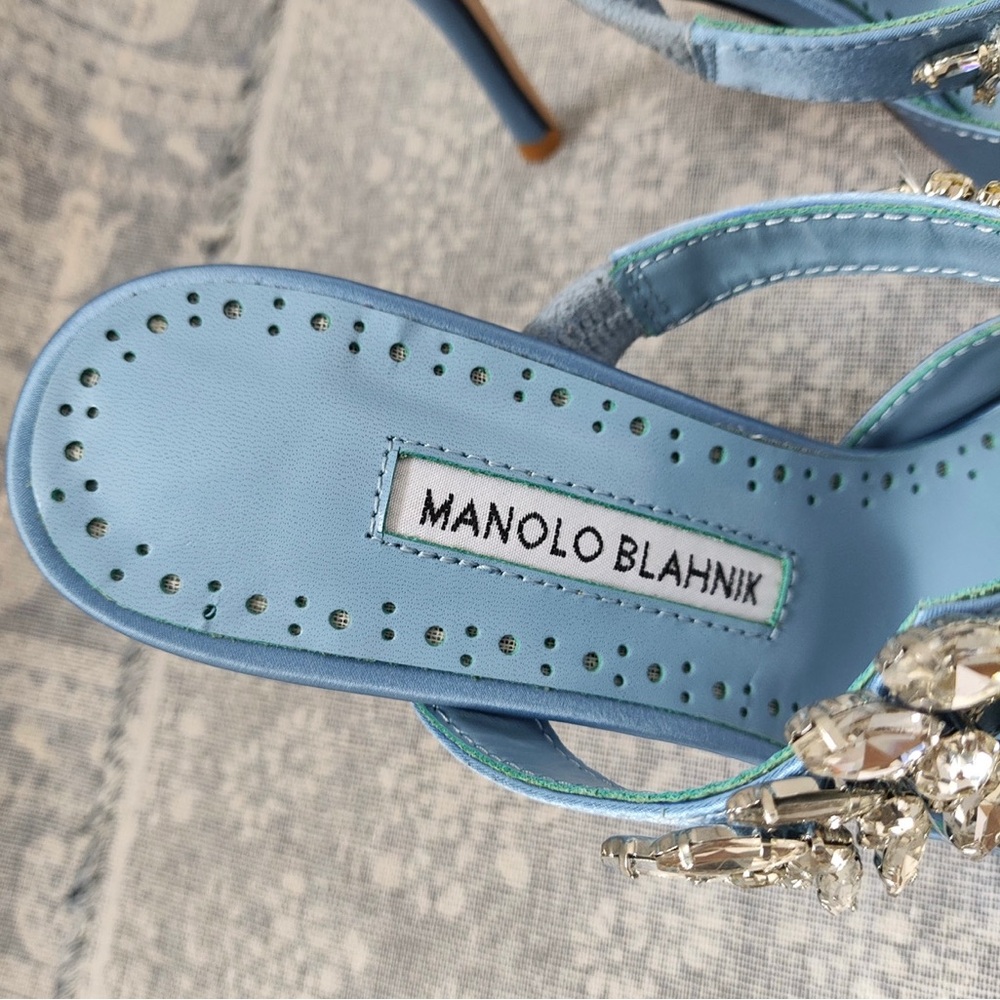 Manolo Blahnik Light Blue Satin Pointed-Toe Jeweled Mules - Picture 2 of 13
